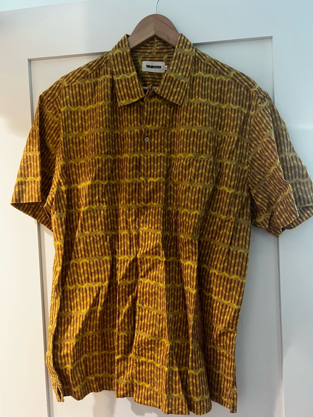 Taylor Stitch Short-Sleeve Hawthorne Button-Down in Mustard and Brown Pattern